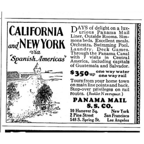 Vintage California New York Spanish Americas Travel Print Ad 1920s Panama Mail - Picture 1 of 2